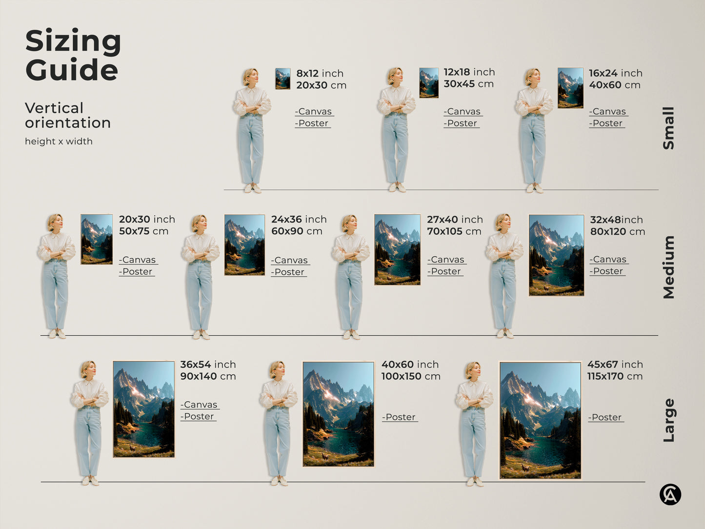 Sizing guide for vertical mountain lake artwork. Visualize canvas and poster prints in sizes from small to large. See how the artwork fits in 8x12 to 45x67 inch dimensions. Find the ideal size to complement your space.