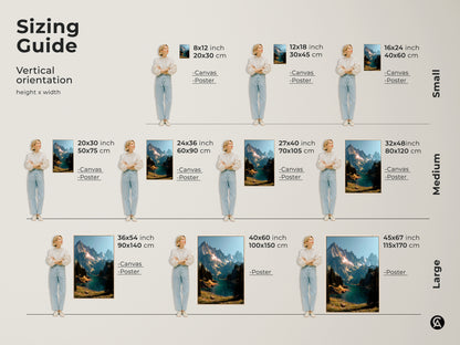 Sizing guide for vertical mountain lake artwork. Visualize canvas and poster prints in sizes from small to large. See how the artwork fits in 8x12 to 45x67 inch dimensions. Find the ideal size to complement your space.