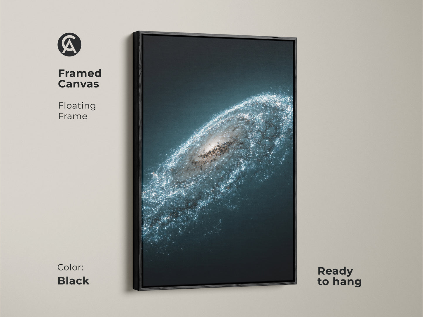 Framed Canvas featuring the Andromeda galaxy in a floating black frame. This deep space blue wall art is ready to hang. The starry white nebula print is perfect for contemporary space artwork.