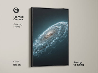 Framed Canvas featuring the Andromeda galaxy in a floating black frame. This deep space blue wall art is ready to hang. The starry white nebula print is perfect for contemporary space artwork.