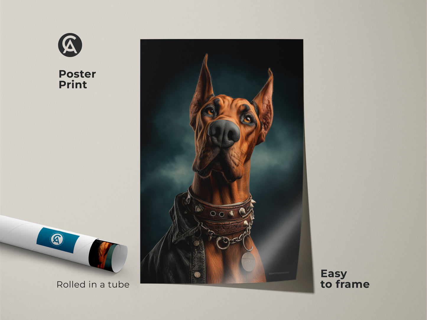 Doberman portrait poster print rolled in a tube is easy to frame. The poster shows an artistic russet Doberman wearing a studded collar and leather jacket. The dark teal background complements the eclectic animal artwork. The perfect gift for Doberman lovers.