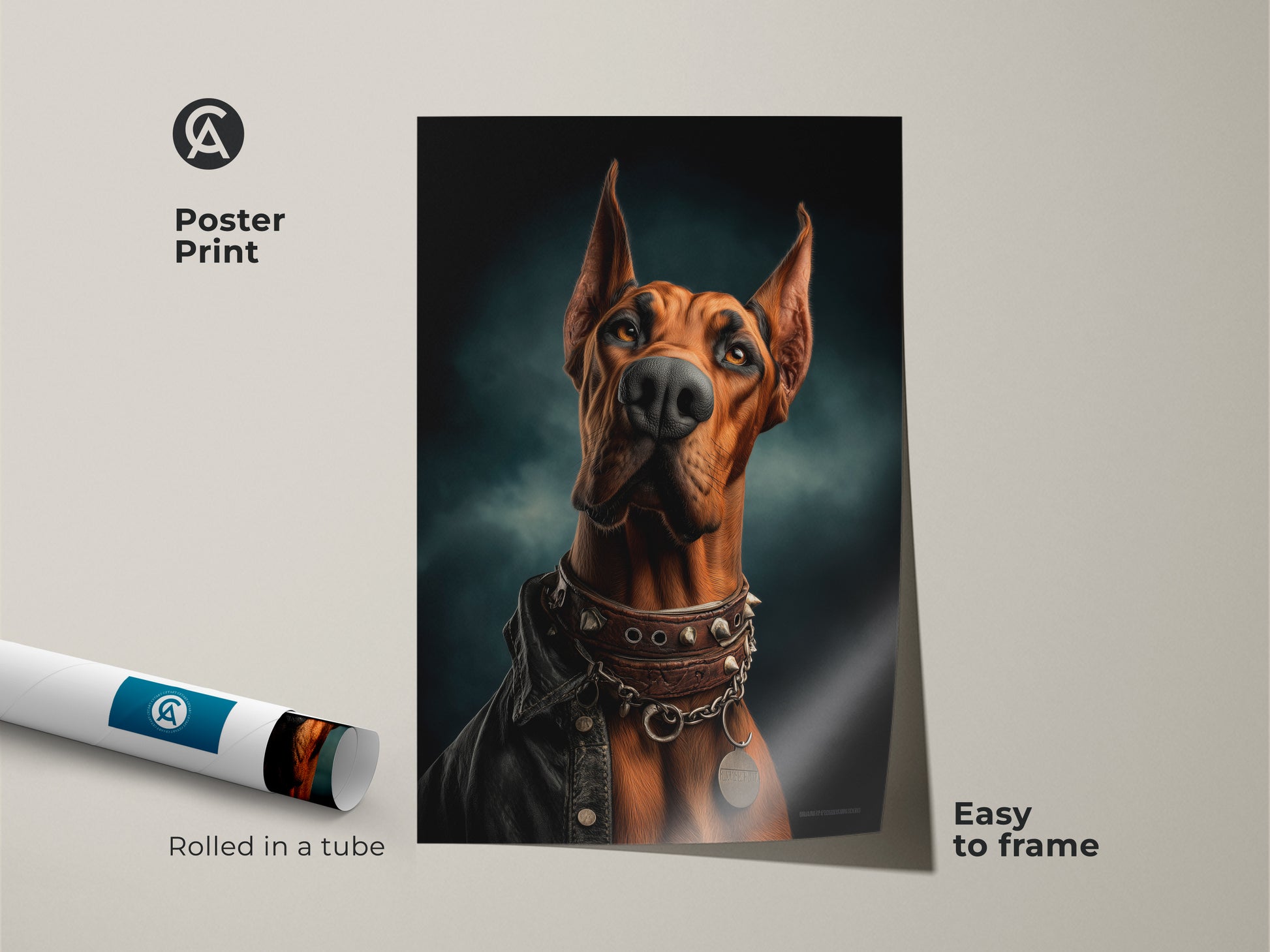 Doberman portrait poster print rolled in a tube is easy to frame. The poster shows an artistic russet Doberman wearing a studded collar and leather jacket. The dark teal background complements the eclectic animal artwork. The perfect gift for Doberman lovers.