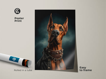 Doberman portrait poster print rolled in a tube is easy to frame. The poster shows an artistic russet Doberman wearing a studded collar and leather jacket. The dark teal background complements the eclectic animal artwork. The perfect gift for Doberman lovers.