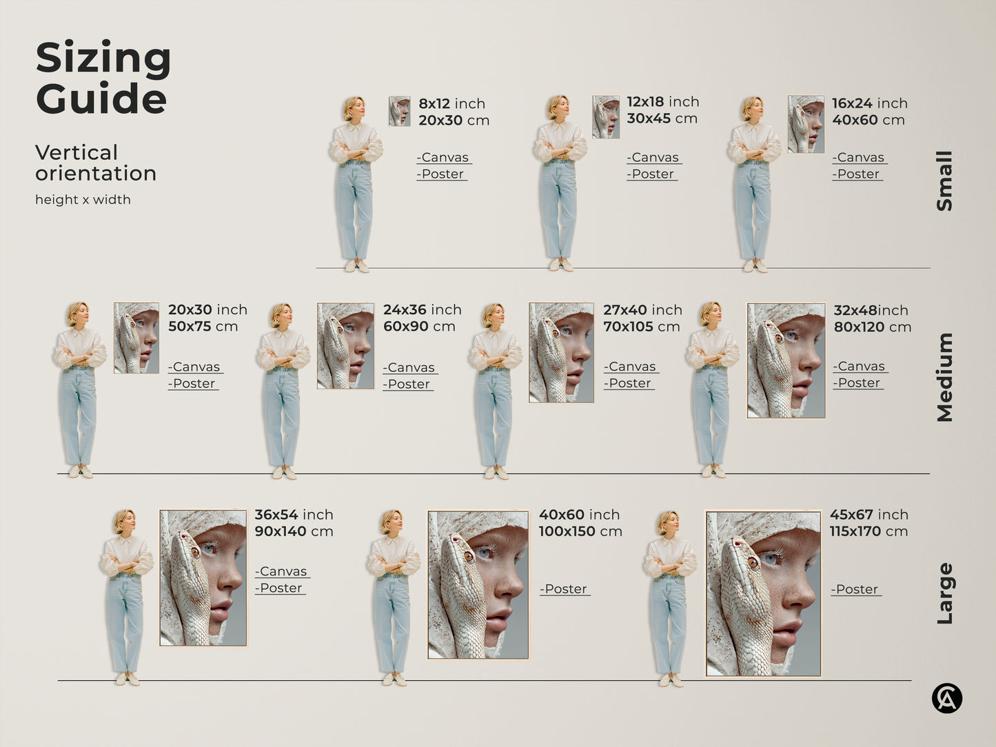 This sizing guide shows the vertical orientation of the canvas and poster. The sizes range from small medium and large. The artwork features an albino snake intertwined with a freckled woman. It is perfect for alternative art print or mysterious portrait canvas.