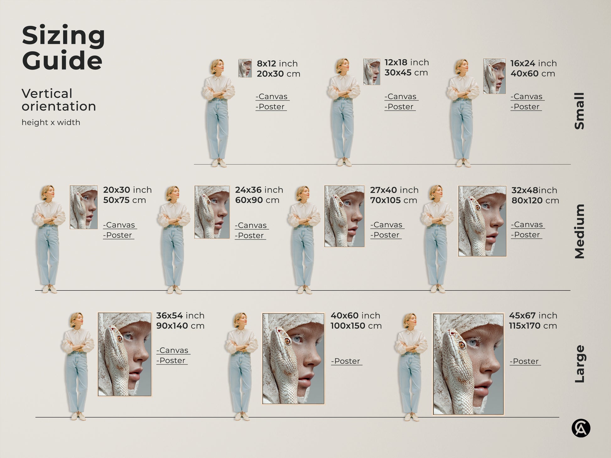 This sizing guide shows the vertical orientation of the canvas and poster. The sizes range from small medium and large. The artwork features an albino snake intertwined with a freckled woman. It is perfect for alternative art print or mysterious portrait canvas.