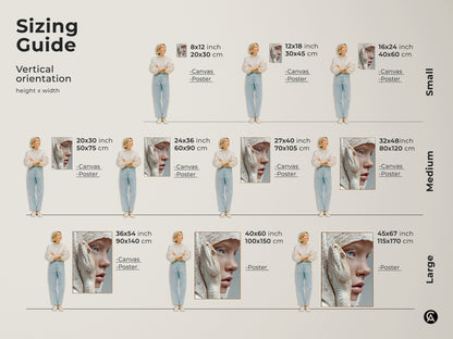 This sizing guide shows the vertical orientation of the canvas and poster. The sizes range from small medium and large. The artwork features an albino snake intertwined with a freckled woman. It is perfect for alternative art print or mysterious portrait canvas.