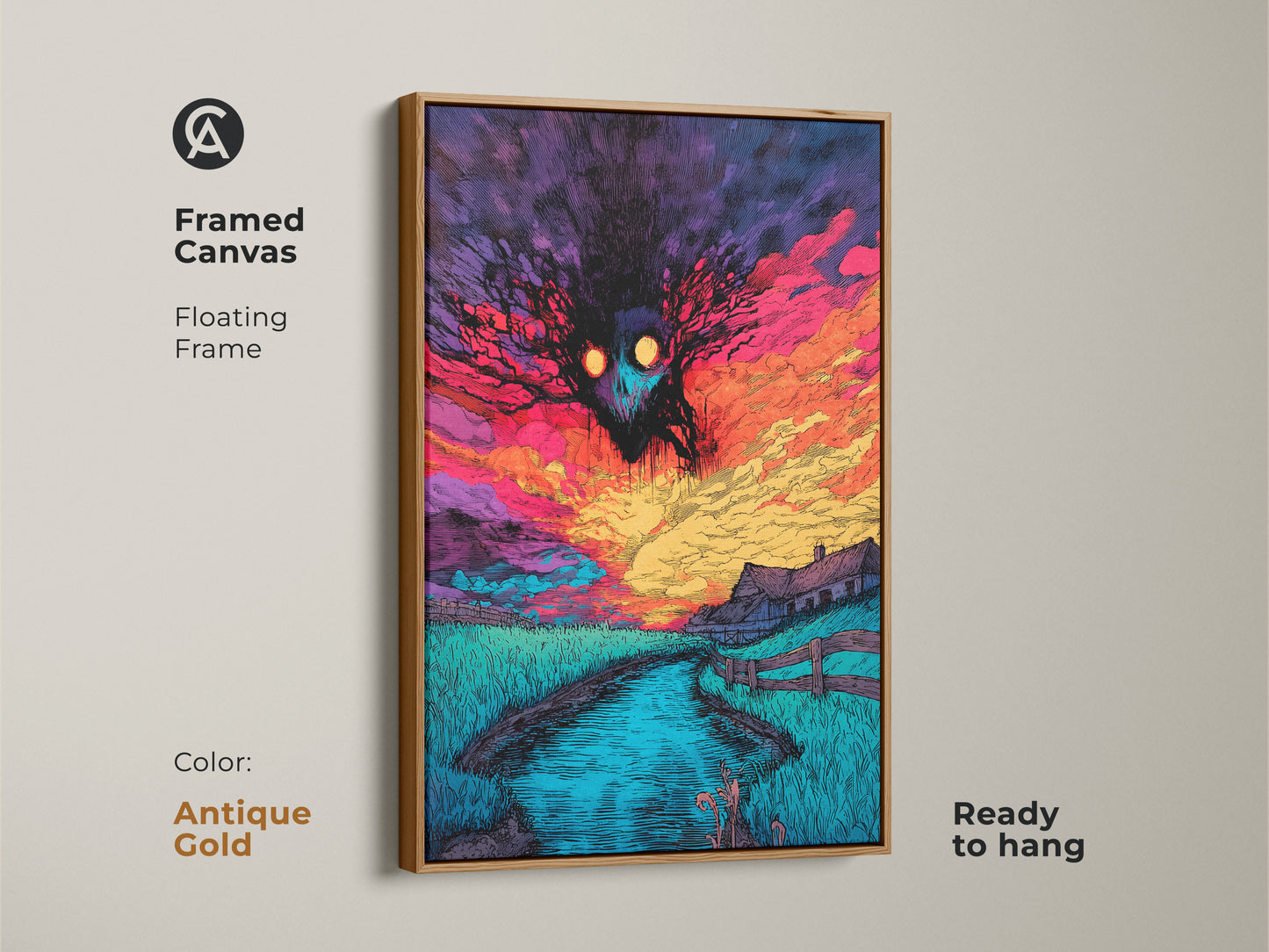Framed canvas artwork with a floating frame. The artwork features a spooky monster over a farm landscape at sunset. The frame is antique gold and ready to hang. A perfect piece for horror art collectors.