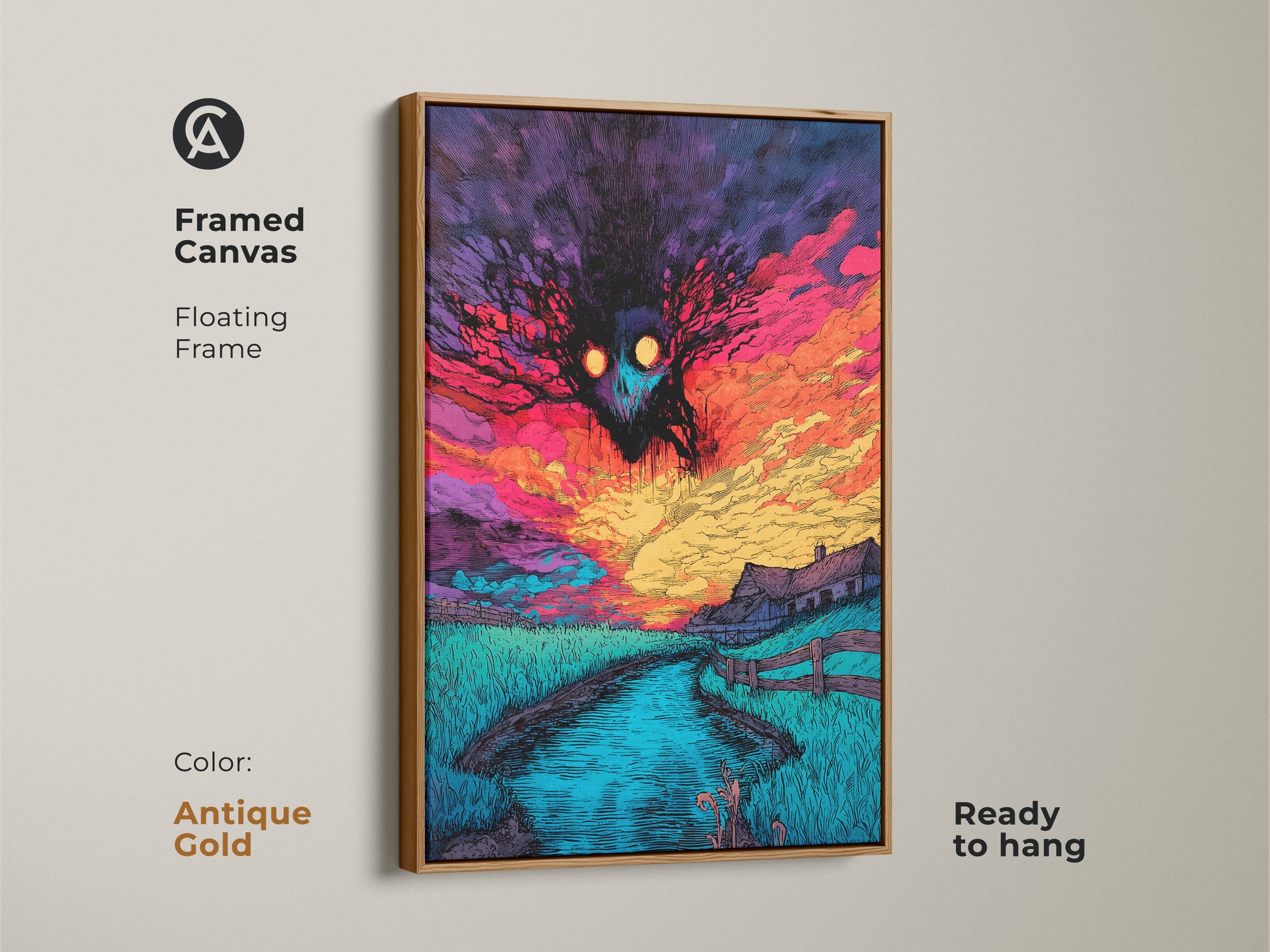 Framed canvas artwork with a floating frame. The artwork features a spooky monster over a farm landscape at sunset. The frame is antique gold and ready to hang. A perfect piece for horror art collectors.