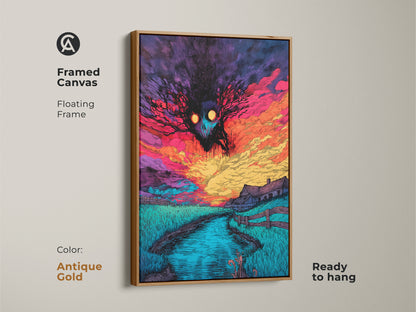 Framed canvas artwork with a floating frame. The artwork features a spooky monster over a farm landscape at sunset. The frame is antique gold and ready to hang. A perfect piece for horror art collectors.