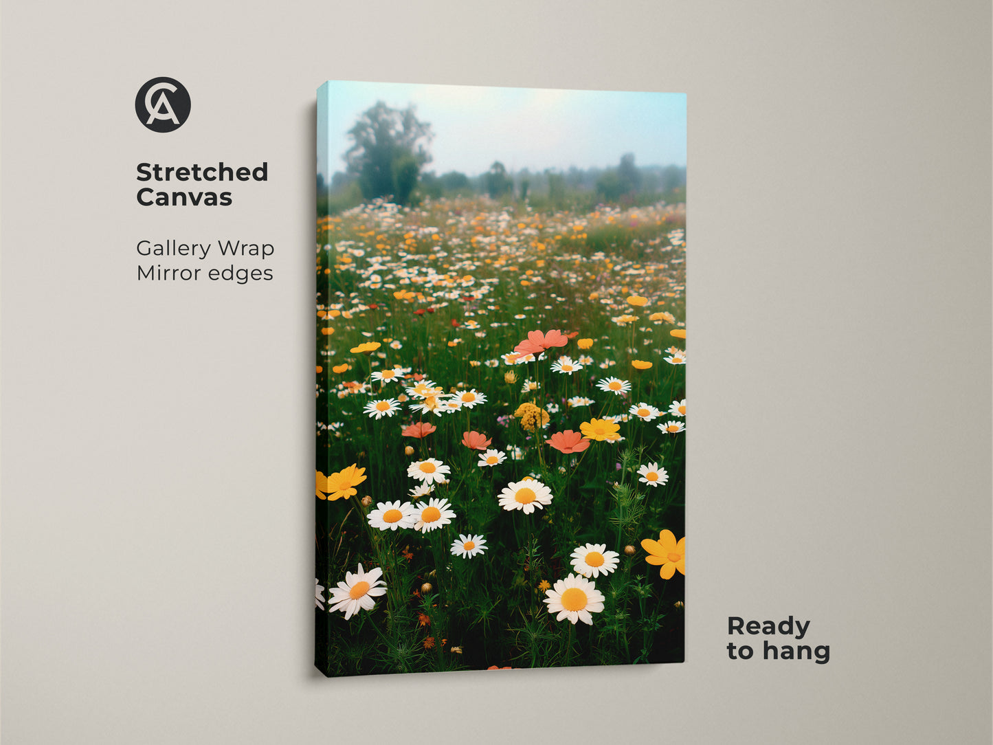 Stretched canvas print of a wildflower meadow. This botanical floral artwork showcases an impressionistic landscape. The gallery wrap has mirror edges. It's ready to hang and brings a touch of nature indoors.
