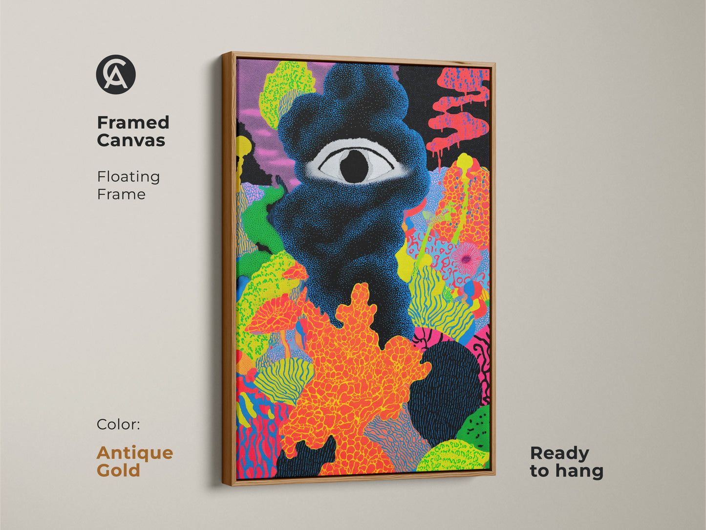 A framed canvas with antique gold floating frame showcasing black and pink art print. The neon orange abstract artwork offers an unconventional wall art piece. Ready to hang this artwork will be a great birthday gift for him or her.