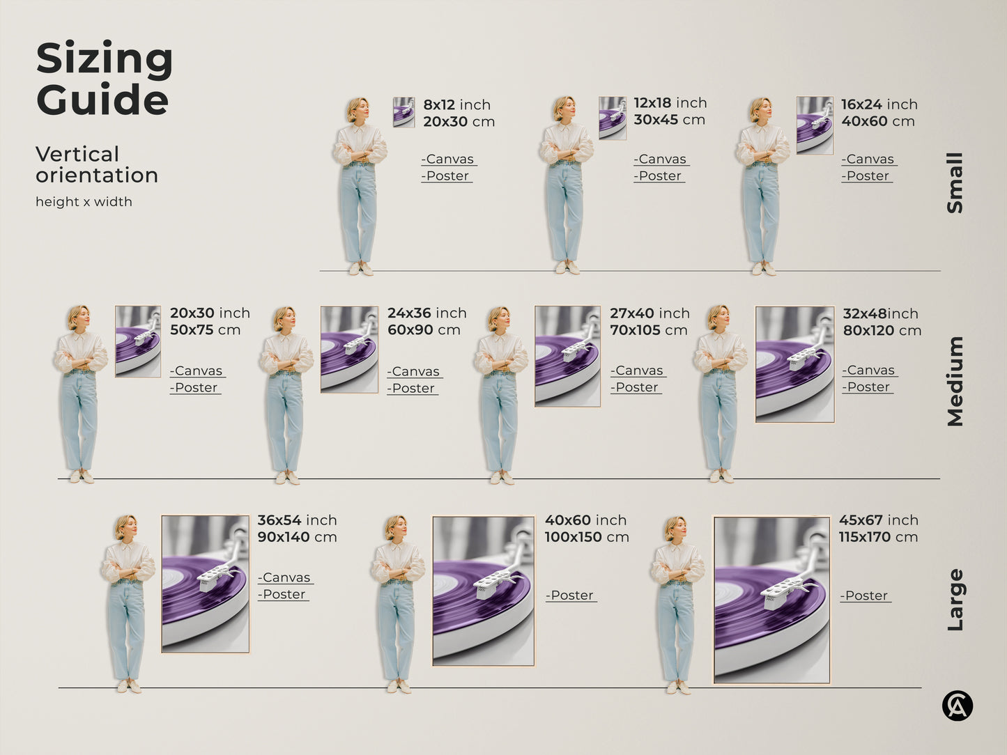 Sizing guide for vertical purple turntable canvas and poster prints. See how the artwork fits in different spaces with small medium and large sizes. Visualize the art in 8x12 to 45x67 inch formats. Find the perfect fit for your home office or music room wall.