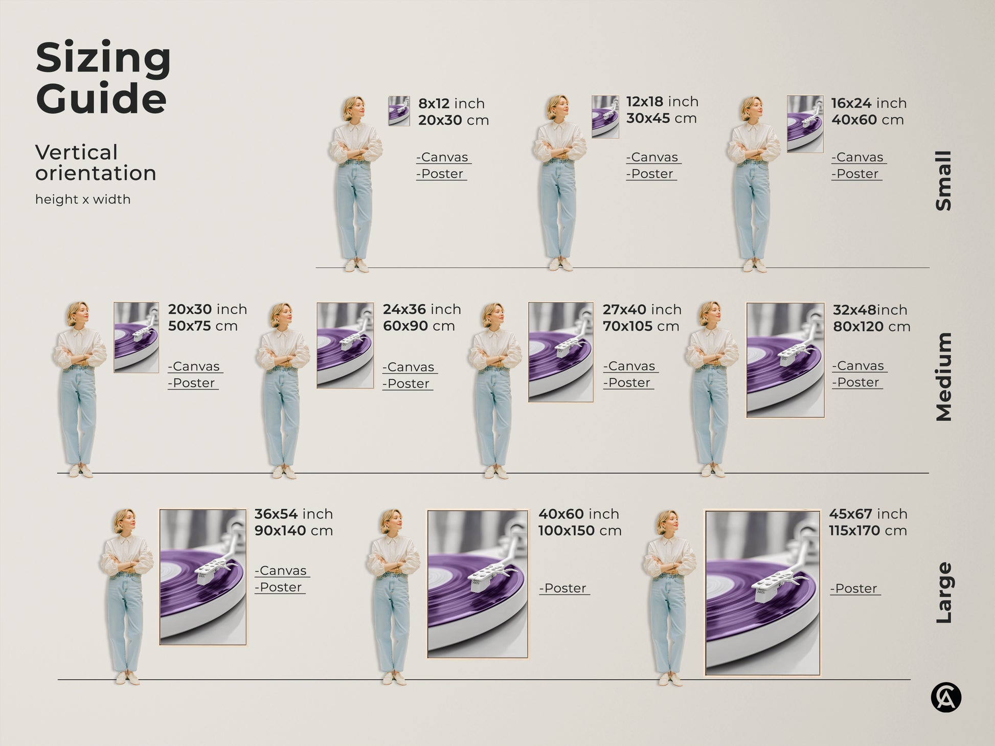 Sizing guide for vertical purple turntable canvas and poster prints. See how the artwork fits in different spaces with small medium and large sizes. Visualize the art in 8x12 to 45x67 inch formats. Find the perfect fit for your home office or music room wall.