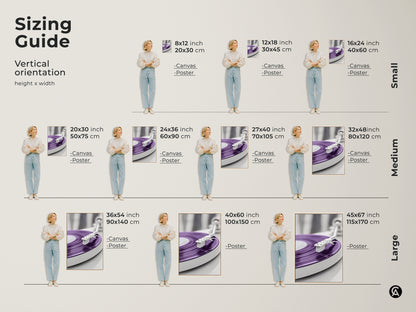 Sizing guide for vertical purple turntable canvas and poster prints. See how the artwork fits in different spaces with small medium and large sizes. Visualize the art in 8x12 to 45x67 inch formats. Find the perfect fit for your home office or music room wall.