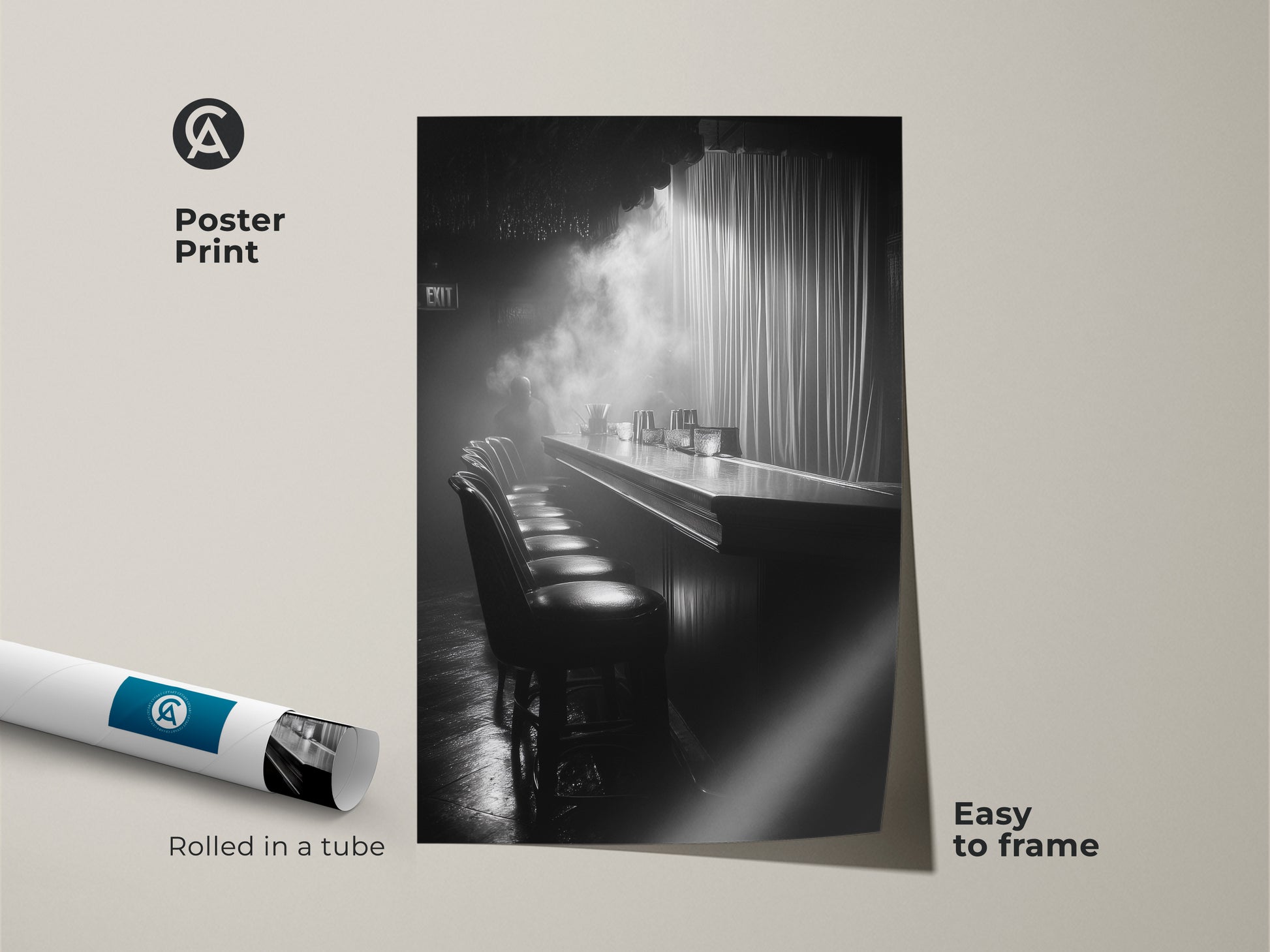 Poster print of a monochrome bar interior. The artwork is rolled in a tube and easy to frame. It captures a cinematic nightlife scene. This black and white print is ideal for industrial home decor. Perfect for a lounge or home bar.