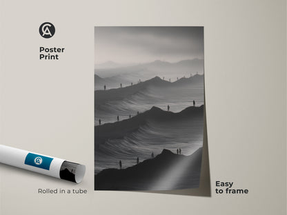 Poster print of minimalist mountain waves art. This surreal black and white artwork comes rolled in a tube. The monochrome people landscape is easy to frame. An atmospheric landscape print adds intrigue to any room decor.