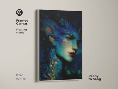 White framed canvas of a dark fantasy mermaid portrait. The teal and gold artwork captures a mythological sea creature. This surreal art is ready to hang. An ideal eclectic gift for fantasy fans seeking unique wall decor.
