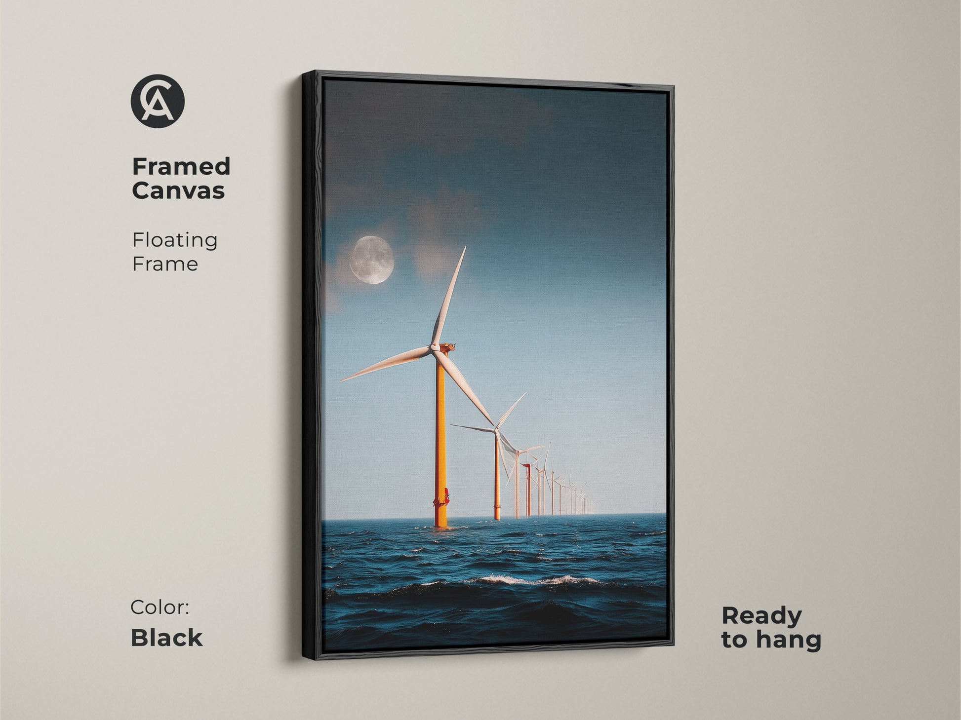 Black Framed Canvas of Moonlit Ocean Wind Turbine artwork. Featuring offshore wind turbines under a moonlit sky this modern minimalist seascape art is ready to hang. A unique eco home gift that enhances any contemporary space with its industrial landscape.