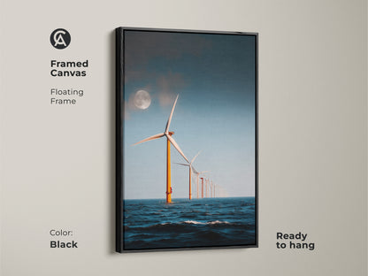 Black Framed Canvas of Moonlit Ocean Wind Turbine artwork. Featuring offshore wind turbines under a moonlit sky this modern minimalist seascape art is ready to hang. A unique eco home gift that enhances any contemporary space with its industrial landscape.