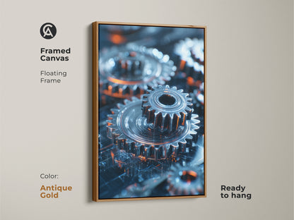 Elevate your space with this framed canvas art. The print features abstract machinery and industrial gears. The floating frame in antique gold enhances the futuristic tech aesthetic in metallic silver and orange. Ready to hang for easy installation.