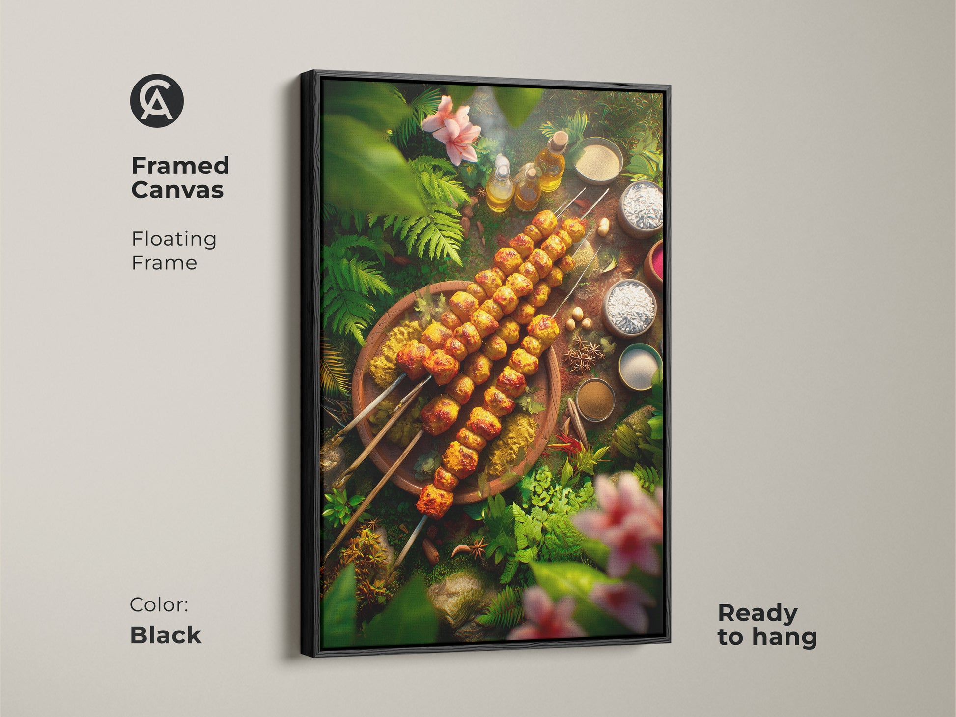Framed canvas artwork featuring delicious grilled skewers. The skewers are surrounded by lush tropical plants. The floating frame enhances the artwork. This ready-to-hang black framed canvas is a perfect addition to any kitchen or dining area.