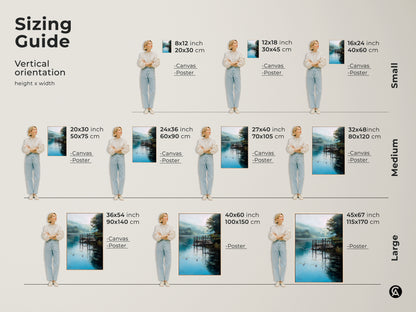 Sizing guide for rustic lake dock artwork. View vertical orientation sizes for canvas and poster prints. Find the perfect fit for your space. From small to large options available. Enhance your home with impressionistic nature art.