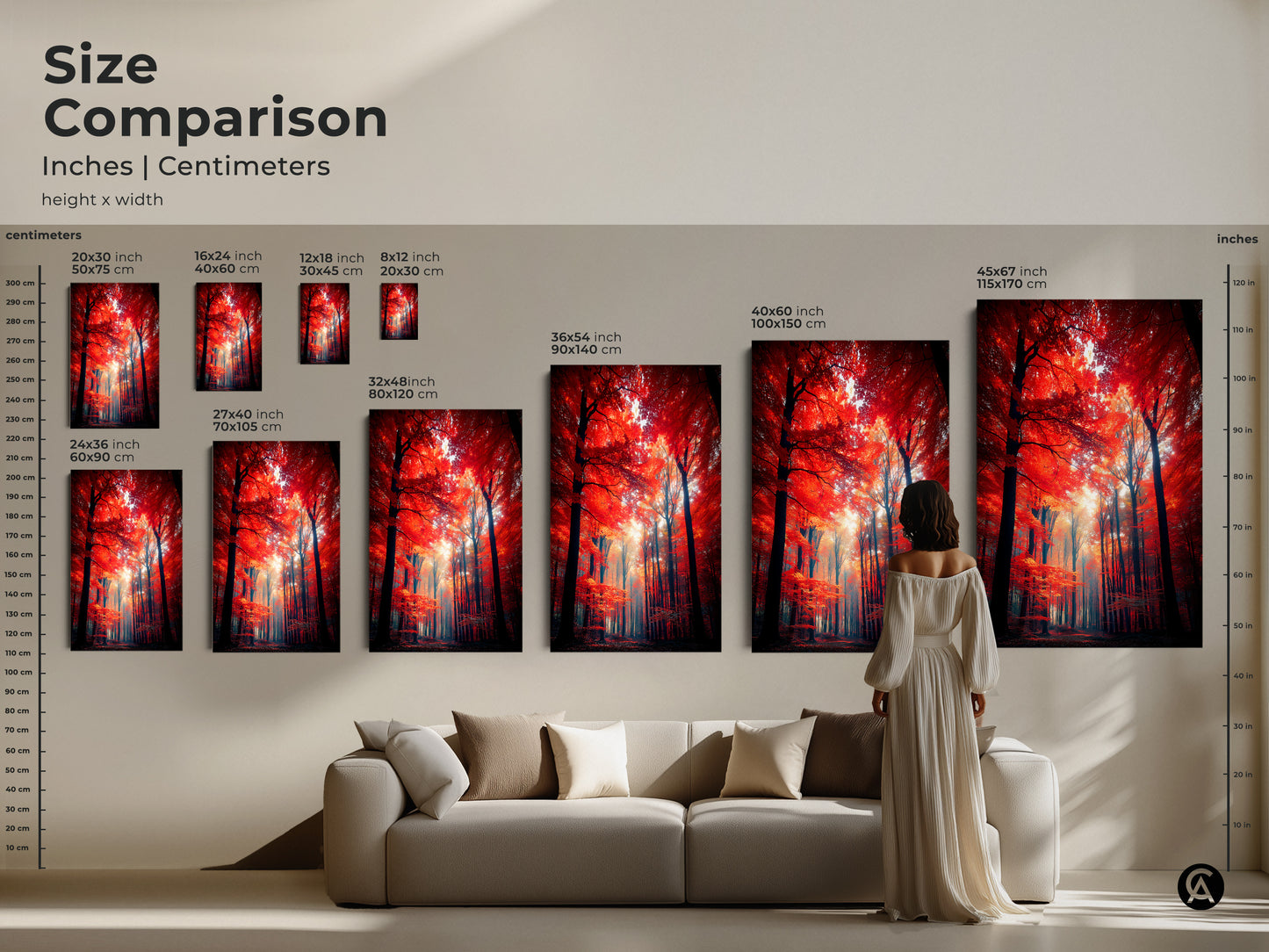 Size comparison of the red forest art print. See how different sizes look in a living room setting. Available in inches and centimeters this artwork can transform your space. Choose from canvas or poster options.
