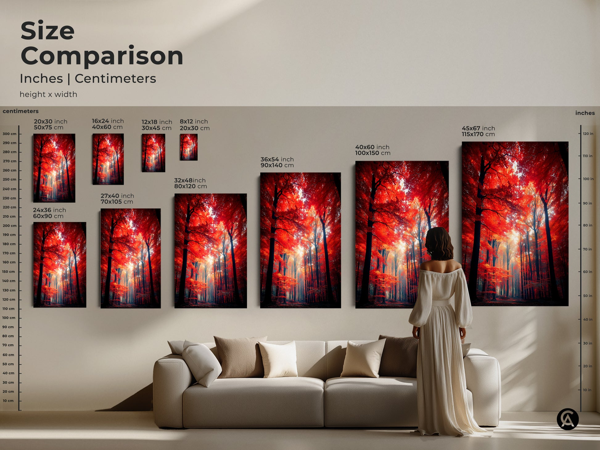 Size comparison of the red forest art print. See how different sizes look in a living room setting. Available in inches and centimeters this artwork can transform your space. Choose from canvas or poster options.