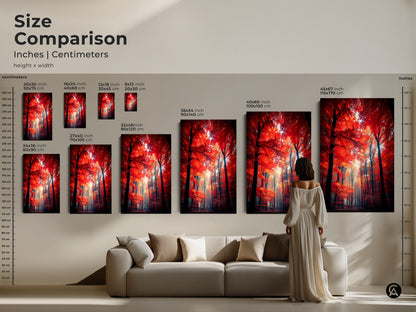 Size comparison of the red forest art print. See how different sizes look in a living room setting. Available in inches and centimeters this artwork can transform your space. Choose from canvas or poster options.