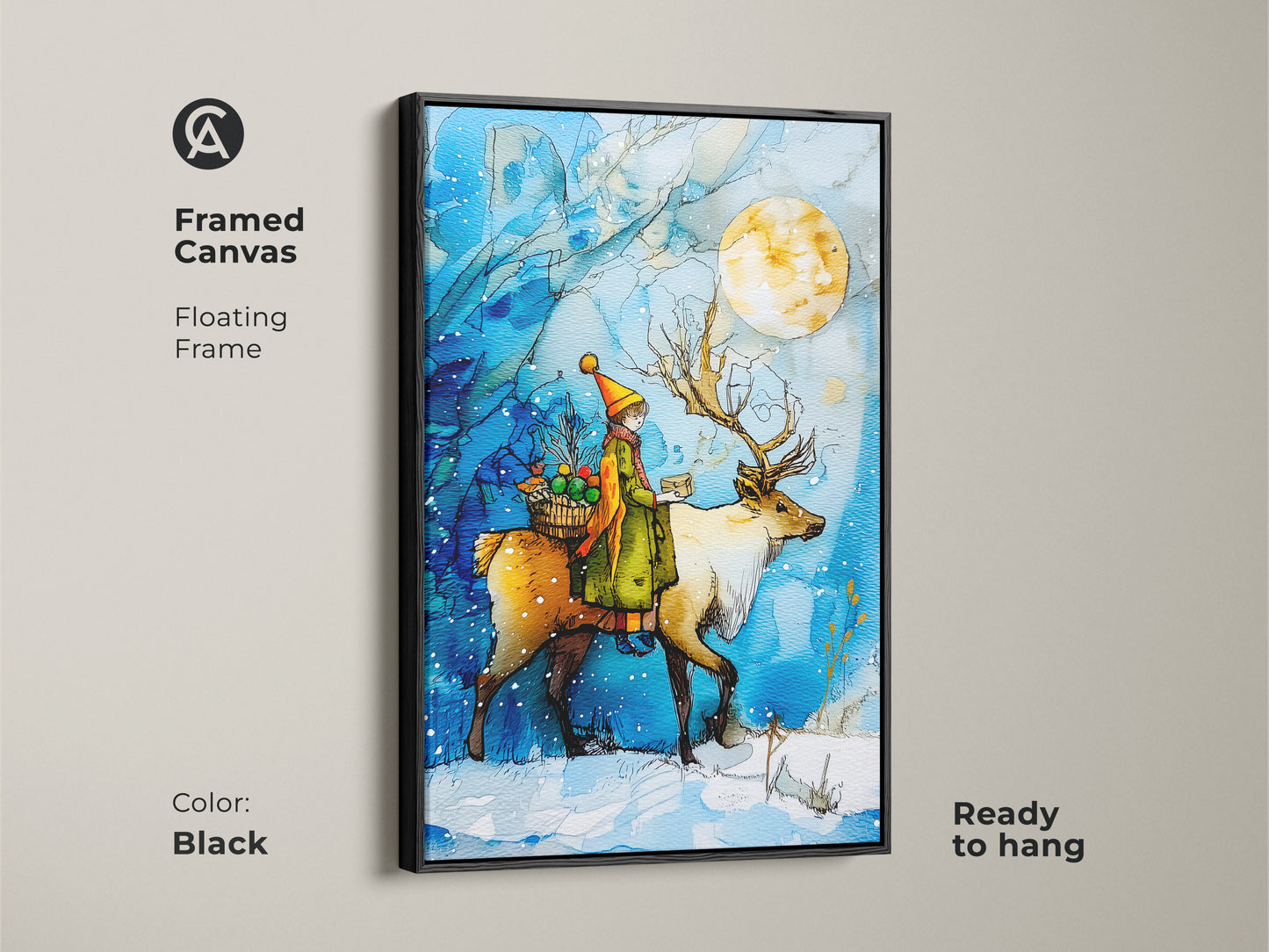 A framed canvas showcases a child riding a reindeer under a full moon. This black frame enhances the blue and yellow tones of this winter wonderland wall art. Perfect christmas nursery decor offers a festive gift. This magical winter scene is ready to hang.