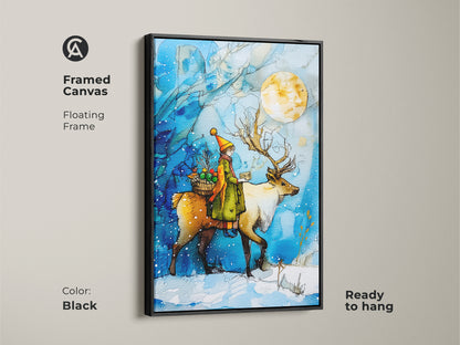 A framed canvas showcases a child riding a reindeer under a full moon. This black frame enhances the blue and yellow tones of this winter wonderland wall art. Perfect christmas nursery decor offers a festive gift. This magical winter scene is ready to hang.