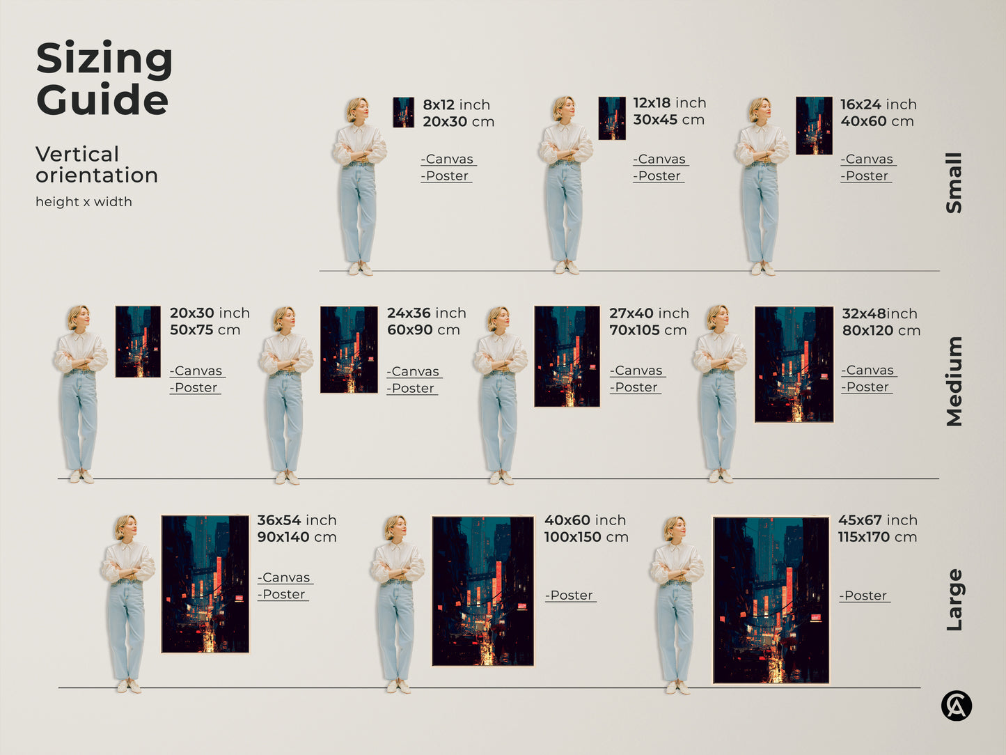 Sizing guide for vertical cyberpunk cityscape art. Available in small medium and large sizes. Visualize how the teal and orange skyscraper art fits in your space. Options include canvas and poster prints perfect for any office or home decor.