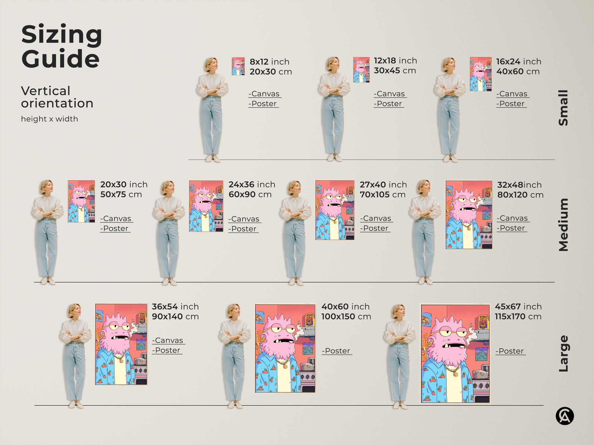 Sizing guide for the quirky pink monster artwork. Vertical orientation options in small medium and large sizes. Available as canvas or poster prints. This surreal character art is perfect for eclectic bedroom decor or a unique art gift.