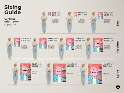 Sizing guide for the quirky pink monster artwork. Vertical orientation options in small medium and large sizes. Available as canvas or poster prints. This surreal character art is perfect for eclectic bedroom decor or a unique art gift.