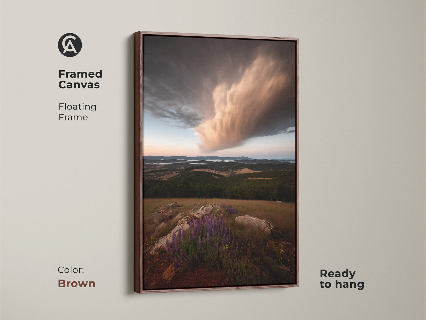 Framed canvas art showcasing a stormy sky over a lupine wildflower landscape. The floating brown frame complements the earthy tones. Ideal farmhouse wall decor. Ready to hang this scenic sky canvas.