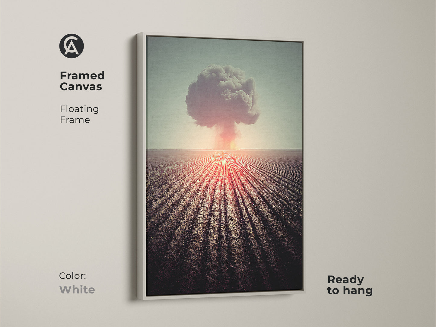 This framed canvas showcases surreal nuclear explosion artwork. A white floating frame enhances the industrial style. Orange red and teal tones create a striking visual. Ready to hang this canvas is perfect for office artwork. It is a unique gift for men. This art adds a dramatic landscape to any space.