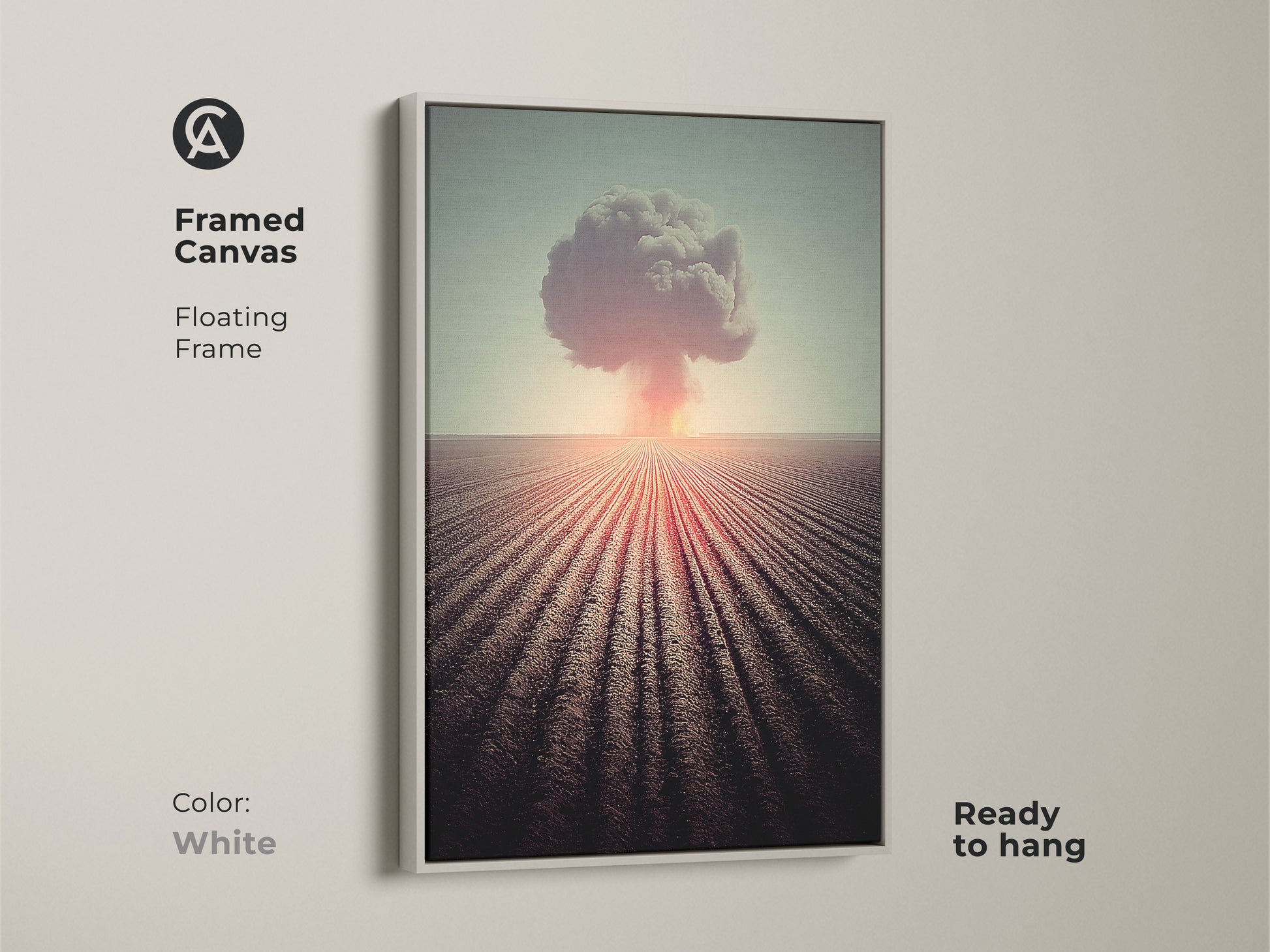 This framed canvas showcases surreal nuclear explosion artwork. A white floating frame enhances the industrial style. Orange red and teal tones create a striking visual. Ready to hang this canvas is perfect for office artwork. It is a unique gift for men. This art adds a dramatic landscape to any space.