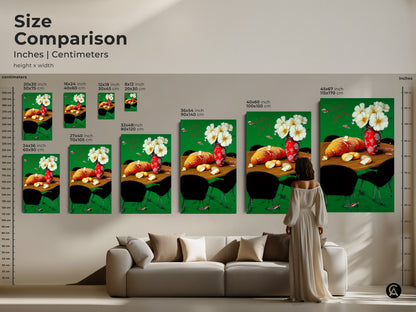 A size comparison of the French bakery still life art in inches and centimeters. The artwork with bread flowers and playing cards is available in various sizes. Unique wall art for your home.