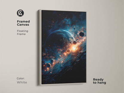 White framed canvas art print featuring a captivating cosmic scene. A blue planet is surrounded by smaller moons and fiery light. The floating frame adds sophistication. Ready to hang this framed artwork will enhance your home decor. Perfect for space lovers.
