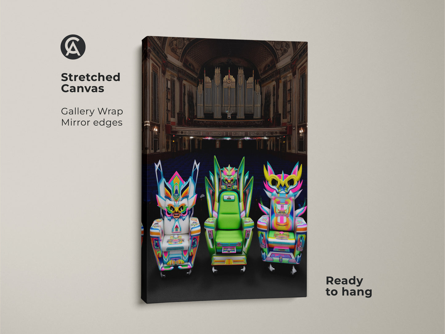 Stretched canvas gallery wrap of cyberpunk fantasy chair art with mirrored edges. Ready to hang wall art in neon pink and electric blue. A perfect gamer birthday gift. This pop surrealism artwork makes a statement in eclectic entertainment rooms.