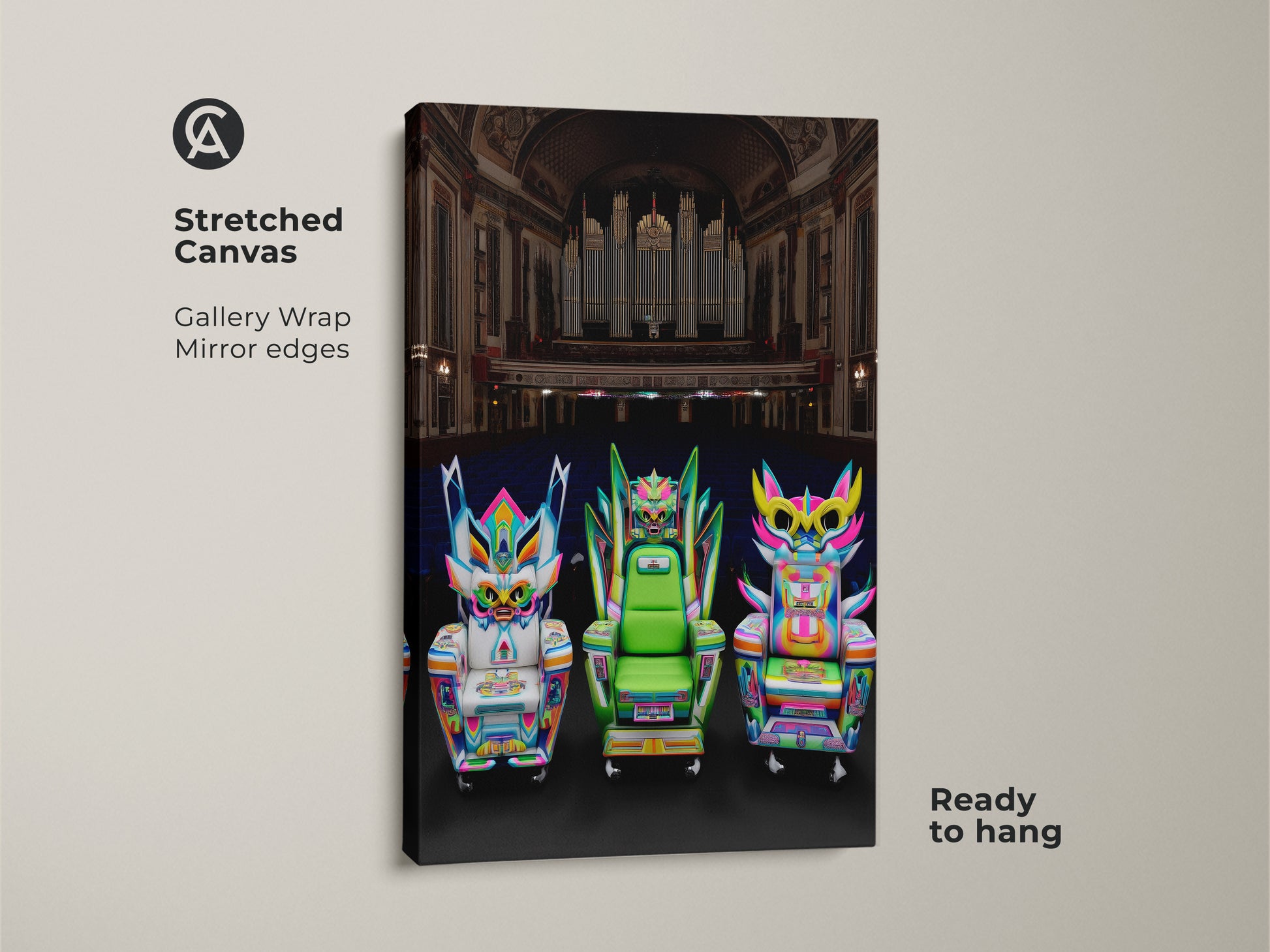 Stretched canvas gallery wrap of cyberpunk fantasy chair art with mirrored edges. Ready to hang wall art in neon pink and electric blue. A perfect gamer birthday gift. This pop surrealism artwork makes a statement in eclectic entertainment rooms.
