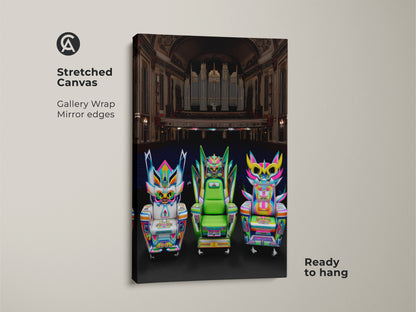 Stretched canvas gallery wrap of cyberpunk fantasy chair art with mirrored edges. Ready to hang wall art in neon pink and electric blue. A perfect gamer birthday gift. This pop surrealism artwork makes a statement in eclectic entertainment rooms.