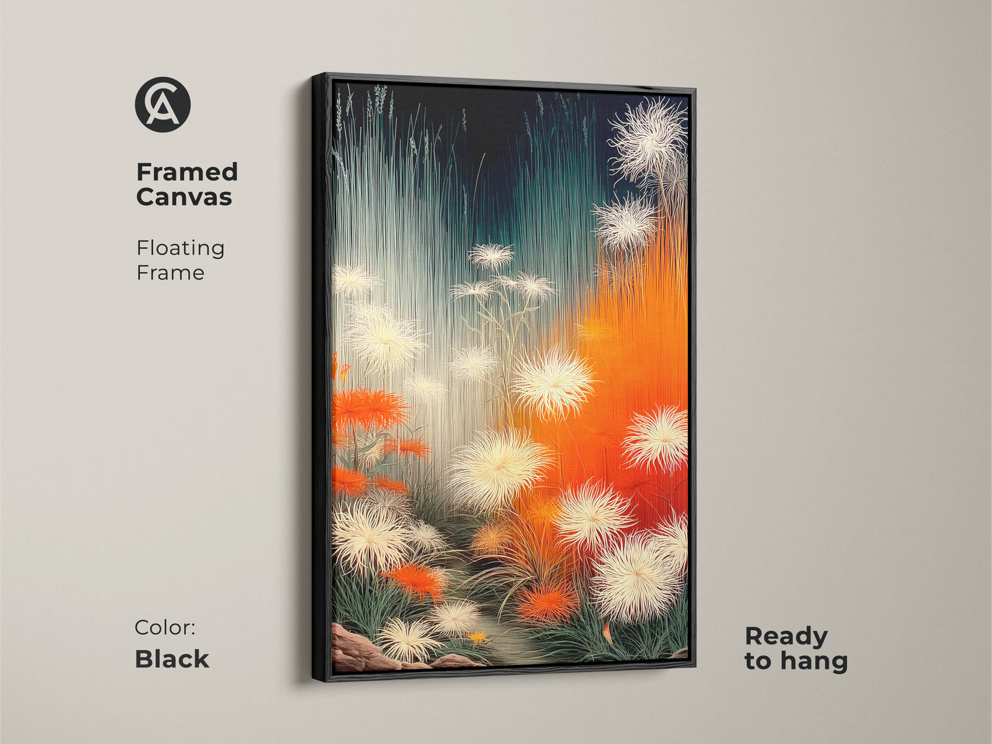 Framed canvas in black featuring abstract botanical artwork. This dandelion nature artwork with orange white and teal floral prints is ready to hang. The modern contemporary decor is ideal for minimalist homes and plant lovers. The canvas print adds a sophisticated nature-inspired touch.