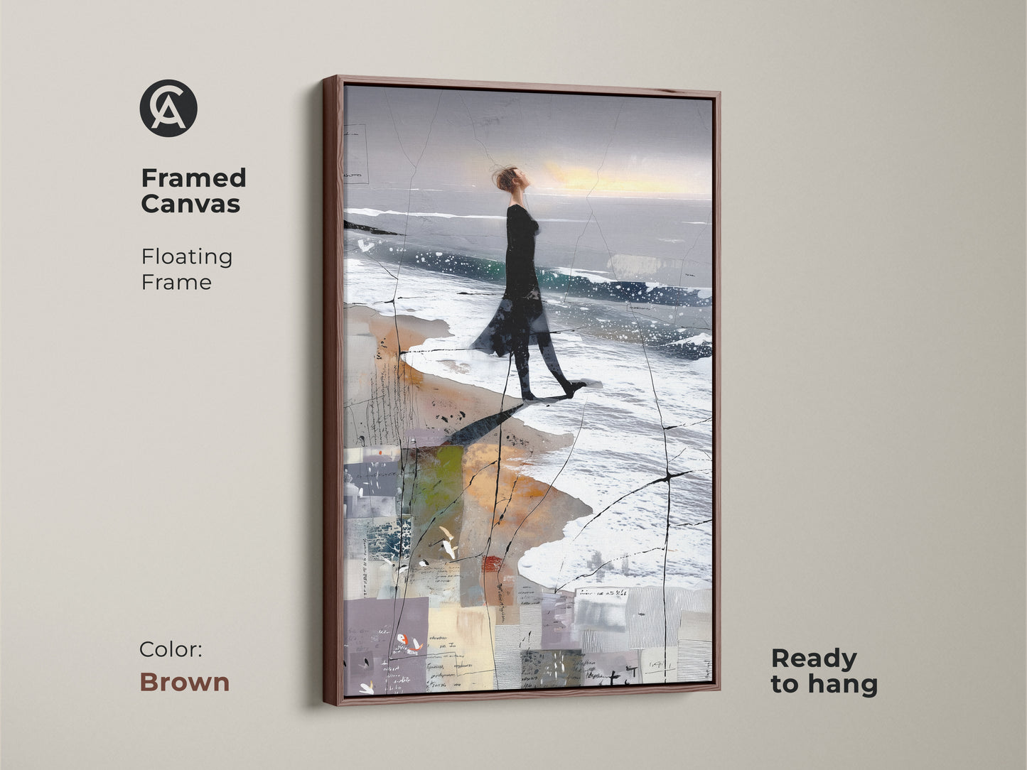 Framed canvas of an abstract woman beach art print. It's a floating frame in brown. Ready to hang. This coastal figure study canvas is perfect for contemporary bedroom decor or as wall art.