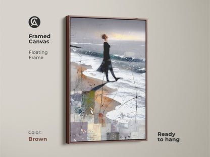 Framed canvas of an abstract woman beach art print. It's a floating frame in brown. Ready to hang. This coastal figure study canvas is perfect for contemporary bedroom decor or as wall art.