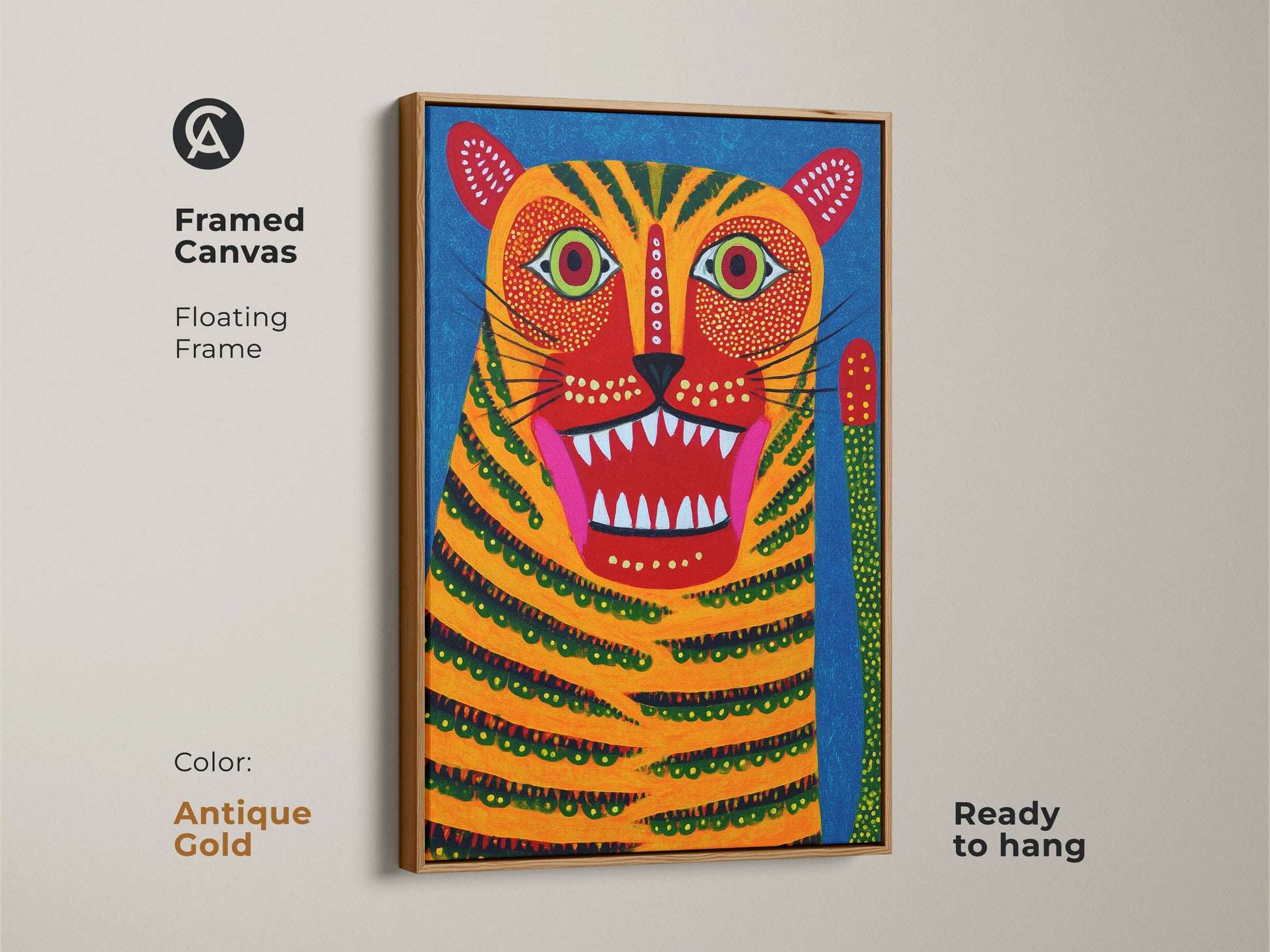 Framed in antique gold this canvas art features a folk style tiger. This abstract animal art is ready to hang. The colorful wildlife artwork is perfect for adding a vibrant touch to any space. The floating frame enhances this unique home decor piece.