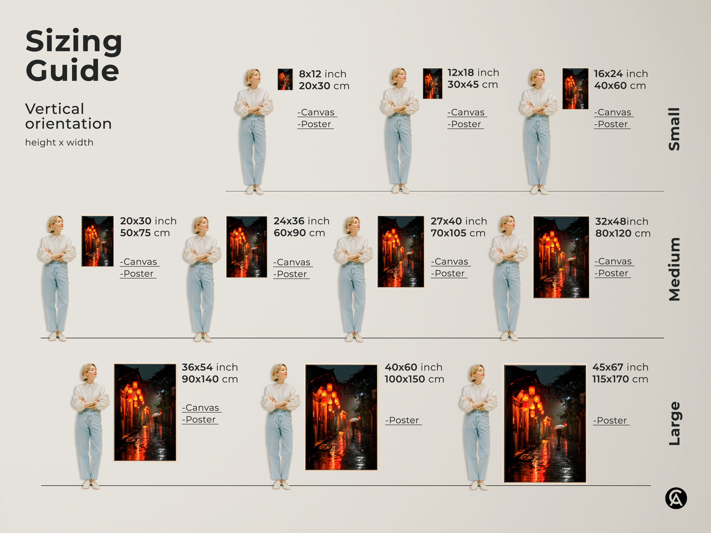 Find the perfect size for your artwork with this vertical sizing guide. The rainy Asian street scene is available in various sizes for canvas and poster prints. See how each size fits in a room setting. Transform your space with this captivating Asian-inspired artwork.