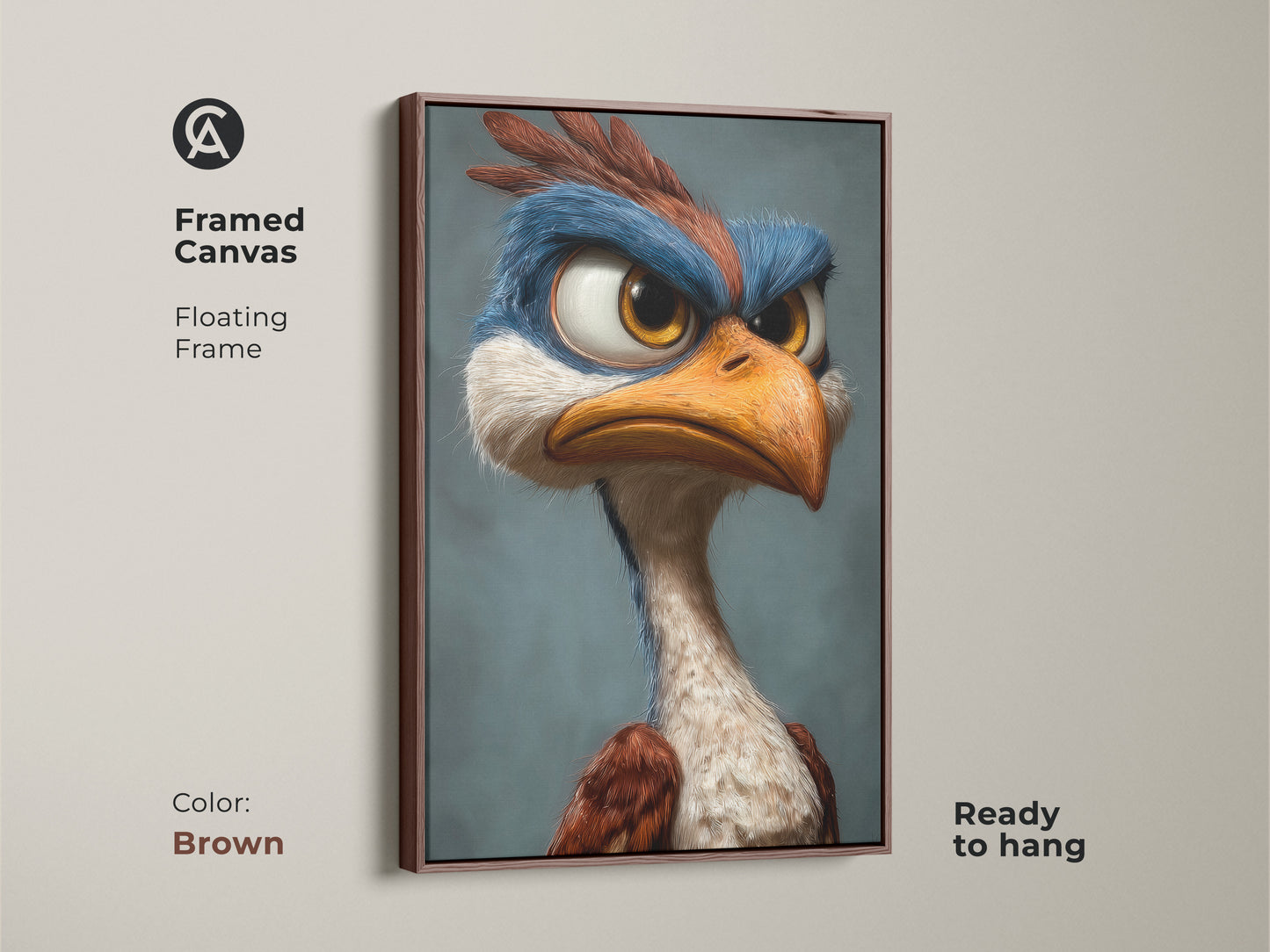 Framed canvas artwork of a cartoon bird with a floating frame. The brown frame enhances the artwork's warm tones. The art is ready to hang. A unique and charming piece for any art lover.