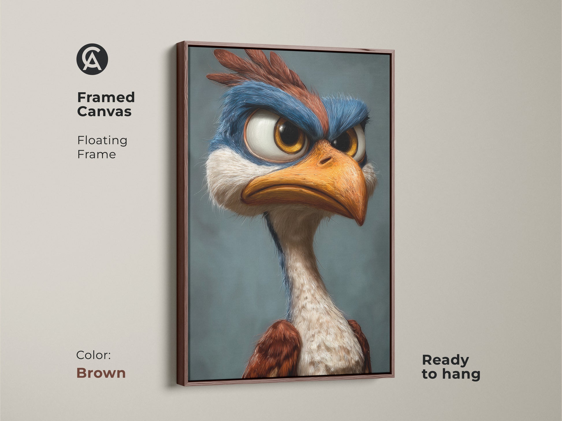 Framed canvas artwork of a cartoon bird with a floating frame. The brown frame enhances the artwork's warm tones. The art is ready to hang. A unique and charming piece for any art lover.