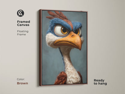 Framed canvas artwork of a cartoon bird with a floating frame. The brown frame enhances the artwork's warm tones. The art is ready to hang. A unique and charming piece for any art lover.